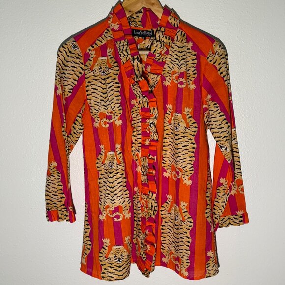 Liza Byrd Bessie Ruffle Blouse in Tangerine and Pink StripTiger Print Size S - Picture 2 of 12